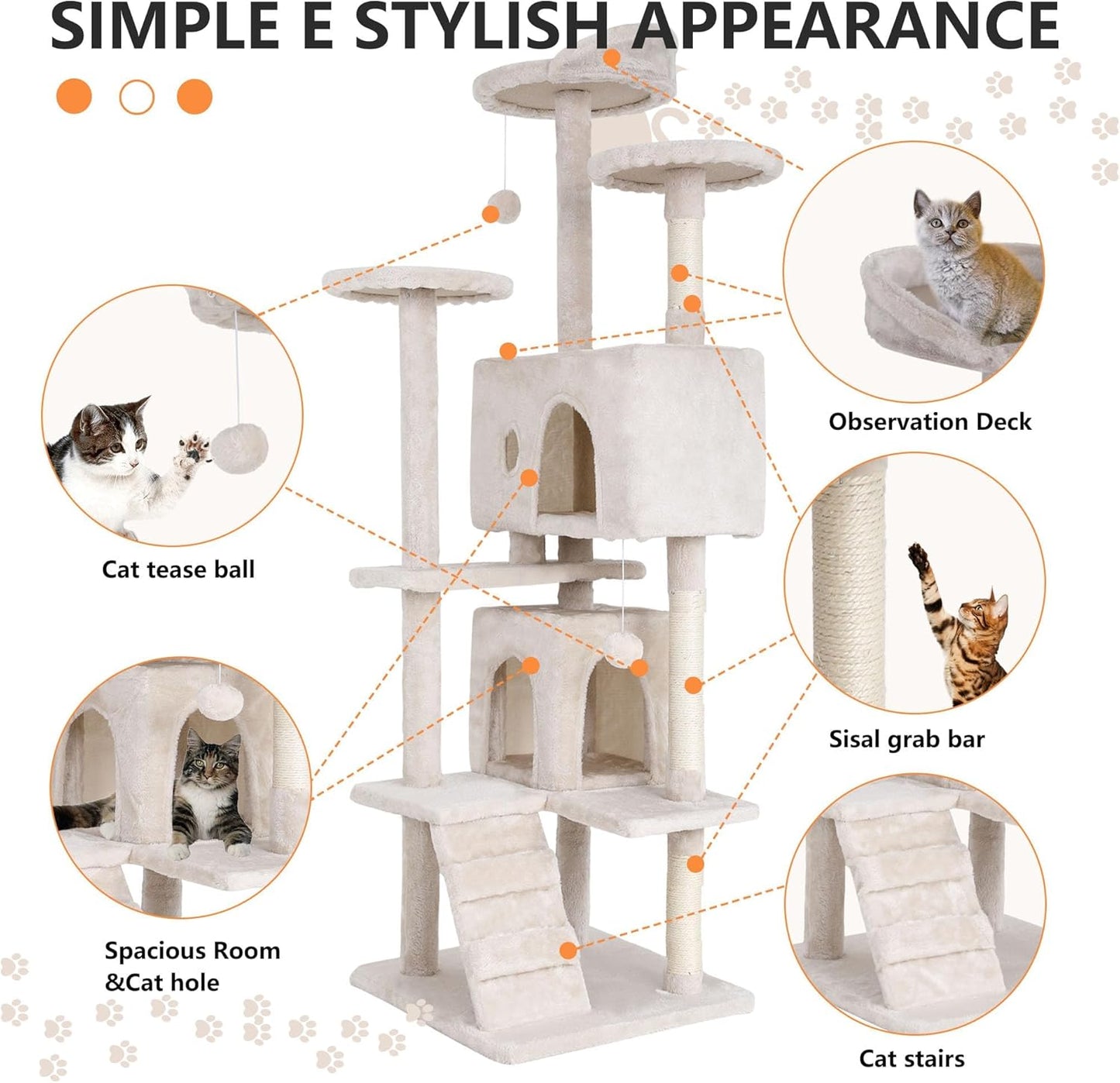 70-Inch Indoor Cat Tree - Multi-Level Tower for Kittens to Large Cats - Sturdy Scratching Post, Condo, and Plush Perch in Beige