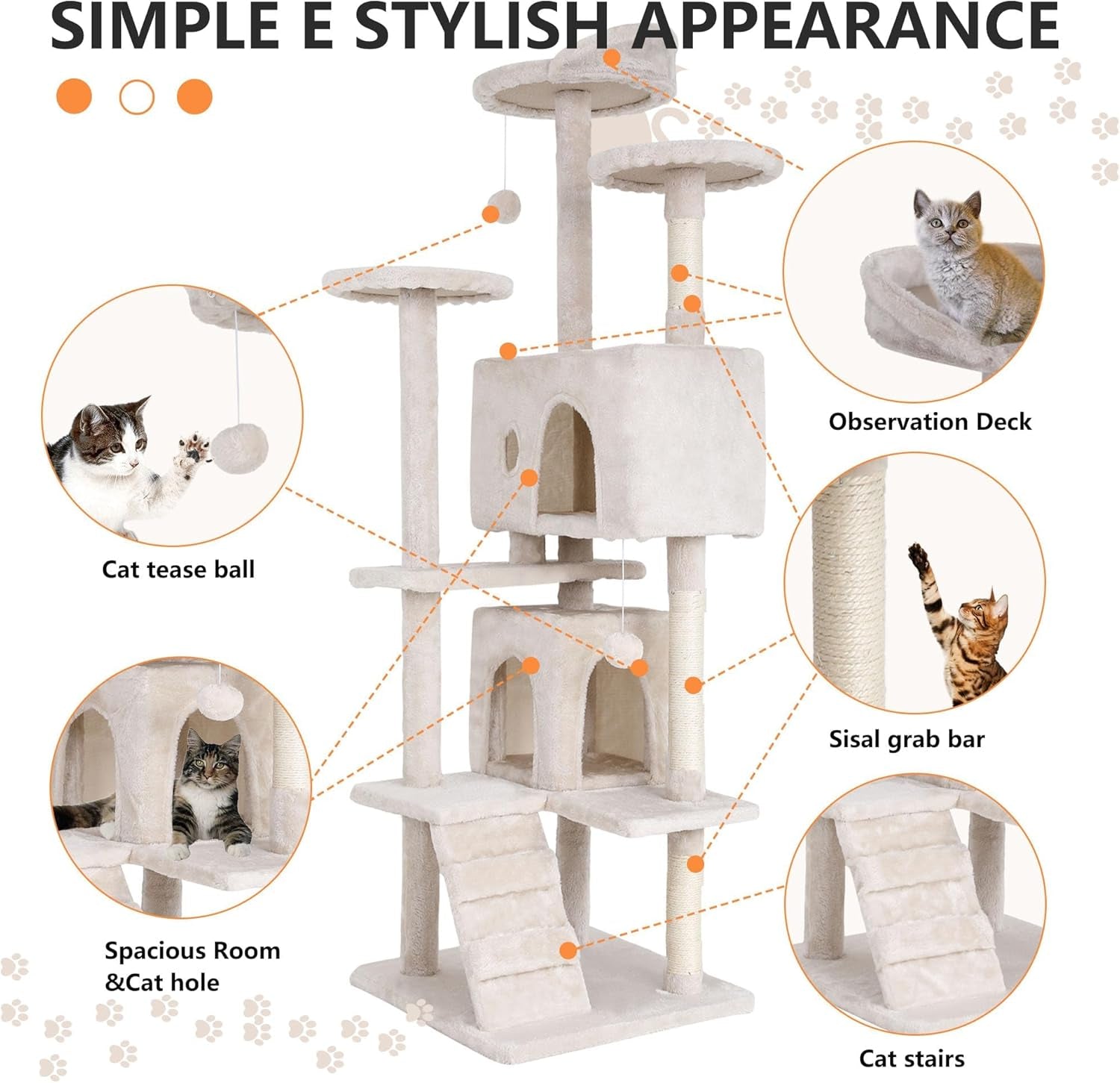 70-Inch Indoor Cat Tree - Multi-Level Tower for Kittens to Large Cats - Sturdy Scratching Post, Condo, and Plush Perch in Beige