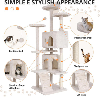70-Inch Indoor Cat Tree - Multi-Level Tower for Kittens to Large Cats - Sturdy Scratching Post, Condo, and Plush Perch in Beige