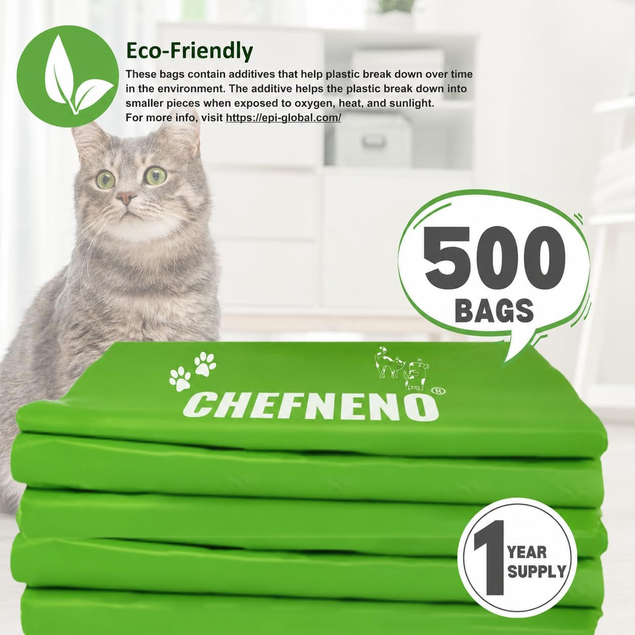 Cat Litter Waste Bags (500 Ct., Green) Bulk Dog Poop Bags with Easy Tie Handles Recycled Earth-Friendly Lavender Scented Cat Litter Poop Diaper Bag Disposable Sanitary Pad Waste Bags (500 Bags)