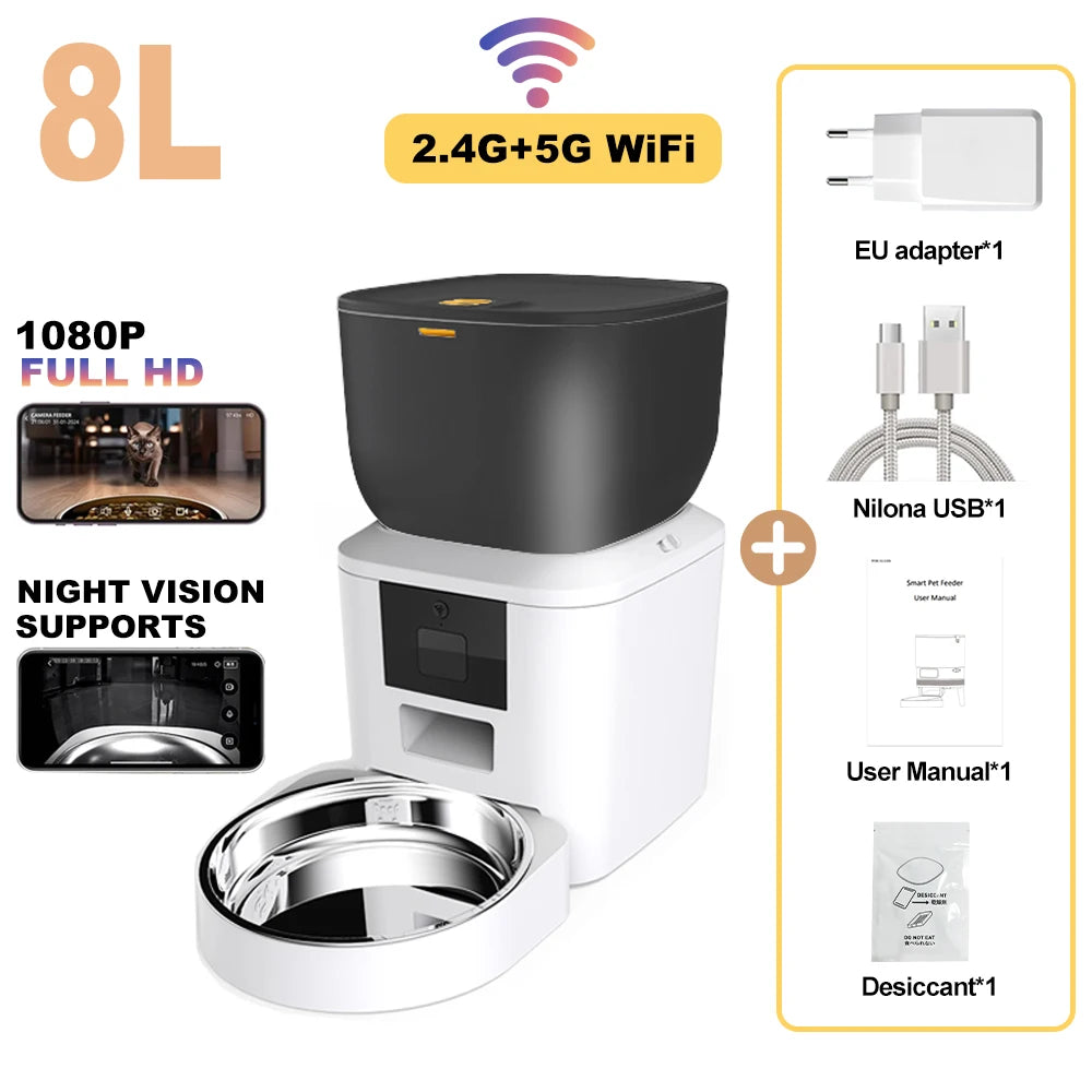 8L Smart Automatic Cat Feeders with 1080P HD Camera 5G Wifi Pet Feeder Tuya APP Control Automatic Cat Dog Food Dispenser