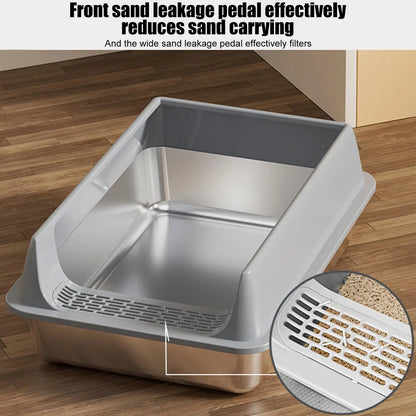 Stainless Steel Cat Toilet Large Cat Litter Box Deepen Pet Litter Box with Scoop Semi-Closed Cat Litter Box with Litter Shovel