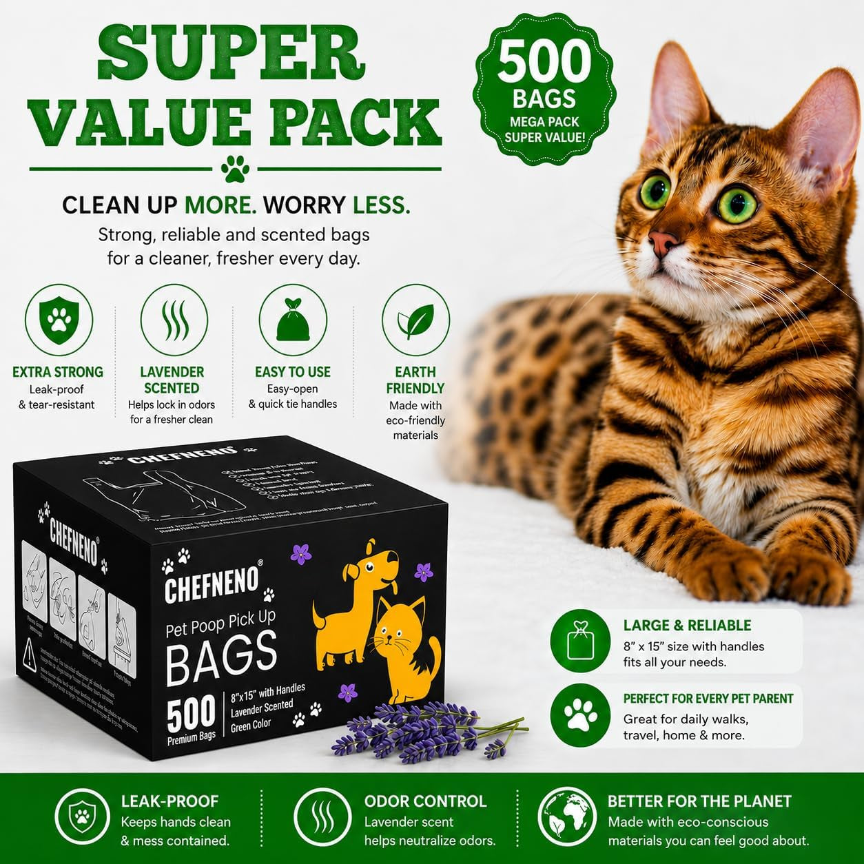Cat Litter Waste Bags (500 Ct., Green) Bulk Dog Poop Bags with Easy Tie Handles Recycled Earth-Friendly Lavender Scented Cat Litter Poop Diaper Bag Disposable Sanitary Pad Waste Bags (500 Bags)