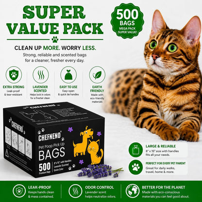 Cat Litter Waste Bags (500 Ct., Green) Bulk Dog Poop Bags with Easy Tie Handles Recycled Earth-Friendly Lavender Scented Cat Litter Poop Diaper Bag Disposable Sanitary Pad Waste Bags (500 Bags)