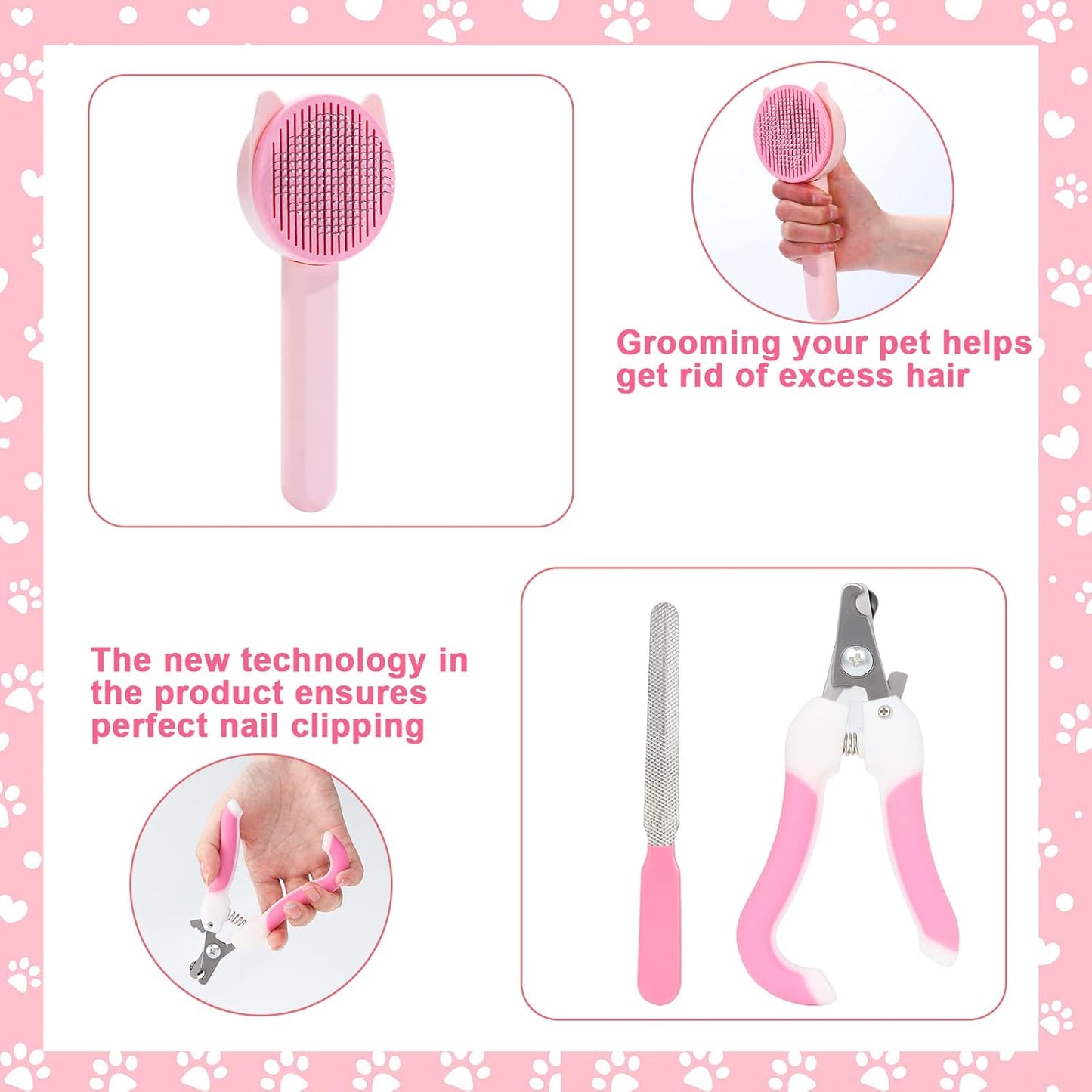 8 Pcs Cat Brush Grooming Kits, Pet Self Cleaning Kit with Pet Nail Clipper and File, Flea Comb, Pet Shampoo Bath Brush, Pet Shedding Brush, Silicone Toothbrush (Pink)