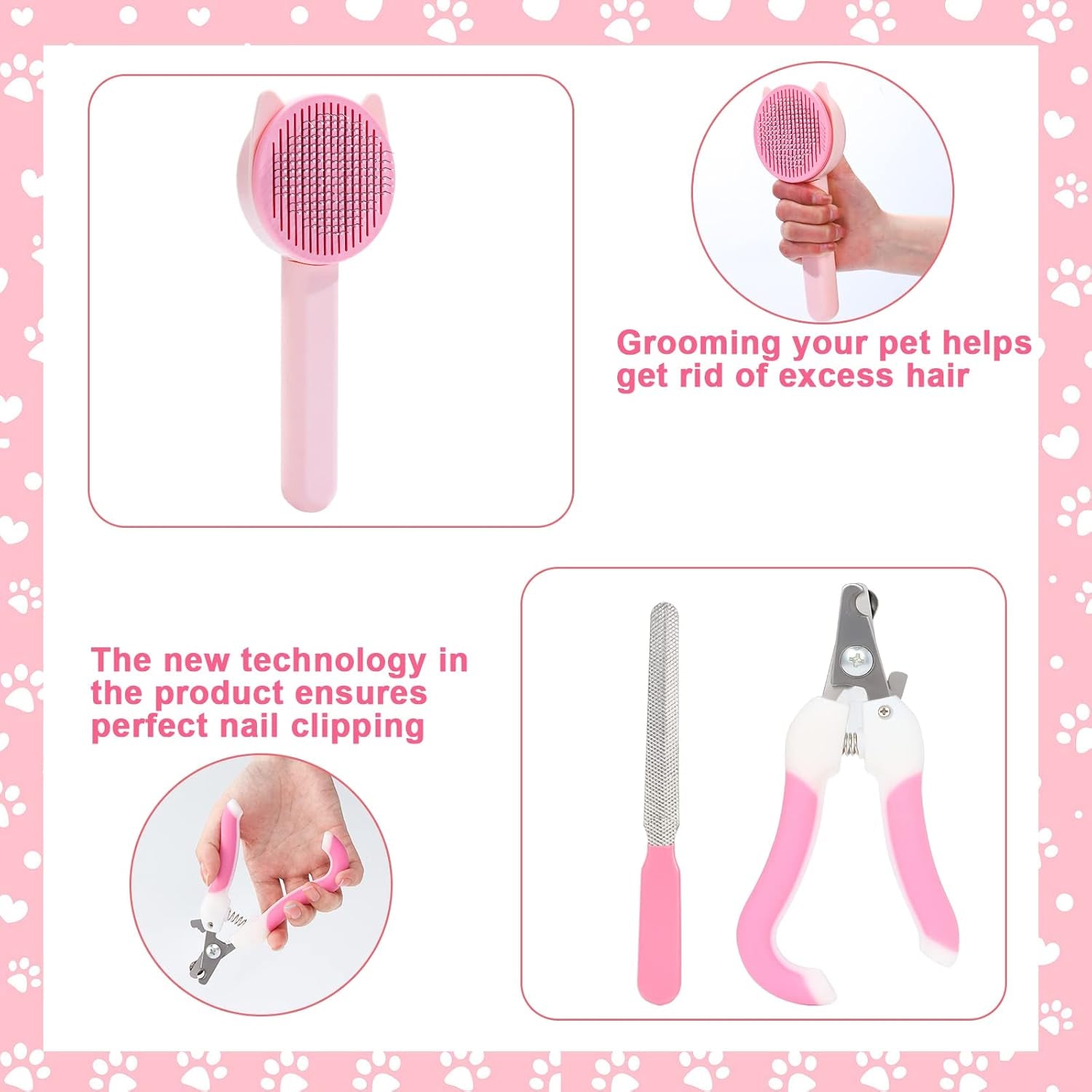 8 Pcs Cat Brush Grooming Kits, Pet Self Cleaning Kit with Pet Nail Clipper and File, Flea Comb, Pet Shampoo Bath Brush, Pet Shedding Brush, Silicone Toothbrush (Pink)