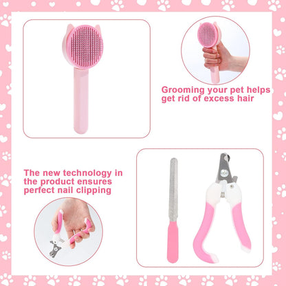 8 Pcs Cat Brush Grooming Kits, Pet Self Cleaning Kit with Pet Nail Clipper and File, Flea Comb, Pet Shampoo Bath Brush, Pet Shedding Brush, Silicone Toothbrush (Pink)