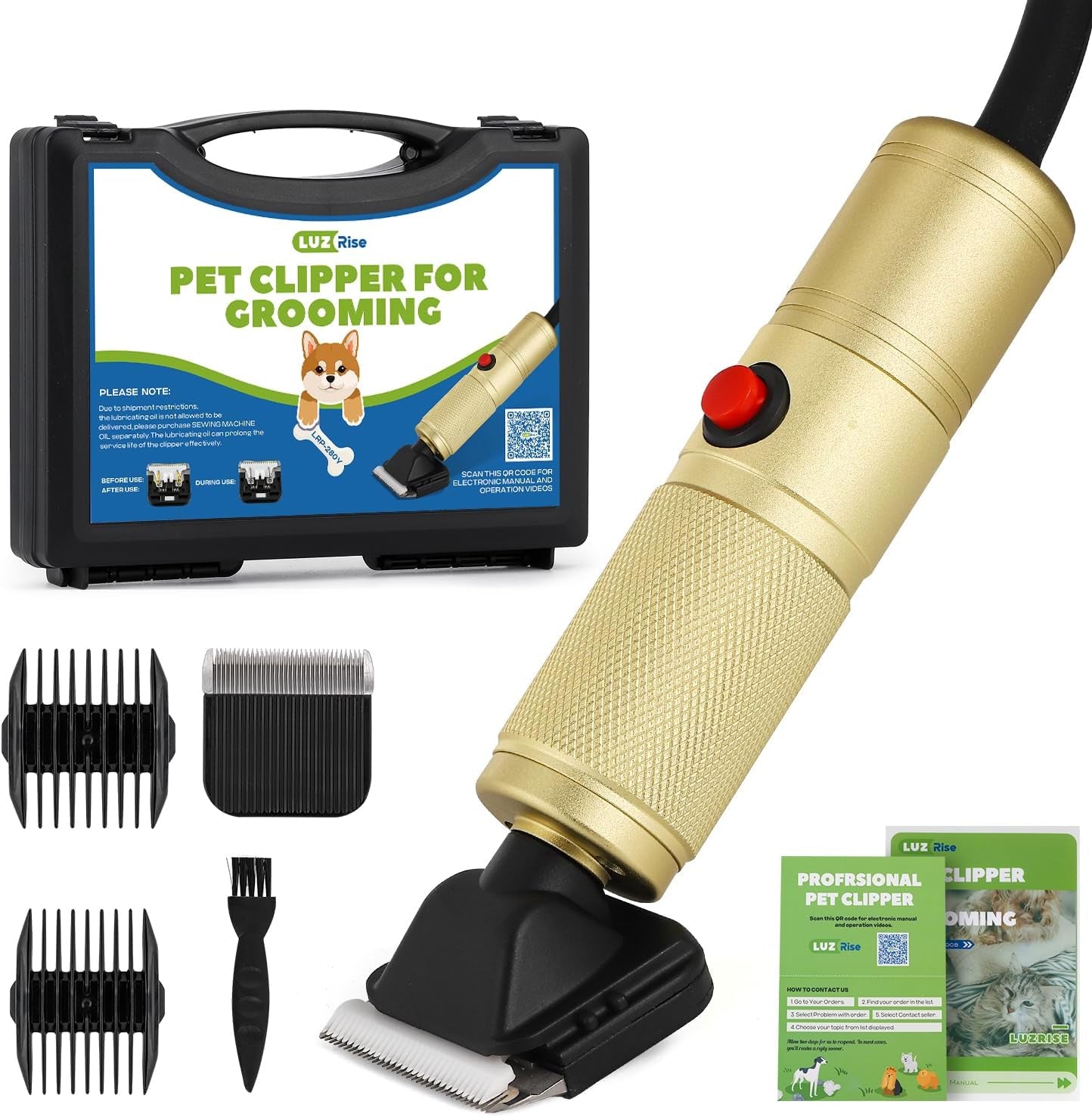 Pet Grooming Clippers 280W for Thick Heavy Coats, 2000-6000Rpm Stepless Speed Control & 10Ft Power Cord, Low Noise< 50Db, Dog Trimmer Kit with Extra Detachable Blade (280W)