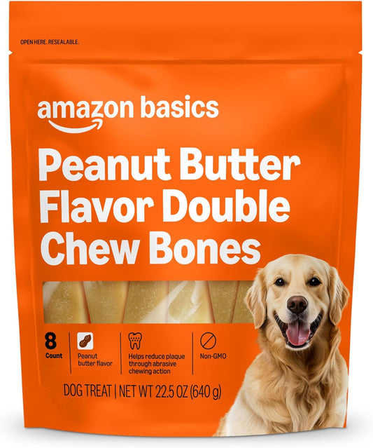 Double Chew Bone Dog Treats, Peanut Butter - 8 Count, 1 Pack
