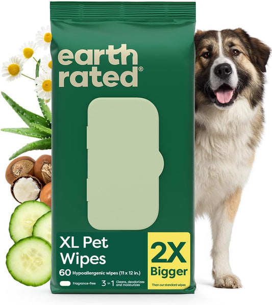 XL Pet Wipes for Dogs & Cats, Unscented Hypoallergenic, 60 Ct