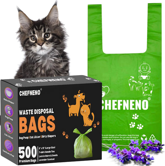 Cat Litter Waste Bags (500 Ct., Green) Bulk Dog Poop Bags with Easy Tie Handles Recycled Earth-Friendly Lavender Scented Cat Litter Poop Diaper Bag Disposable Sanitary Pad Waste Bags (500 Bags)