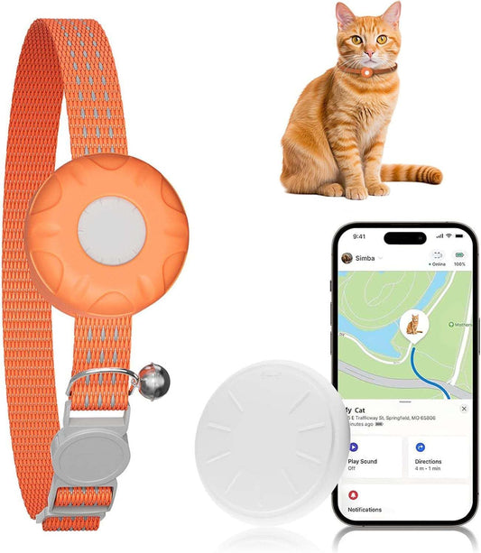 Cat Tracker, GPS Tracker, No Subscription Fee Pet Tracker, Compatible with Apple Find My App (Only Ios), Real-Time Location, Cat Trackers Collar with Safety Elastic Buckle, Orange
