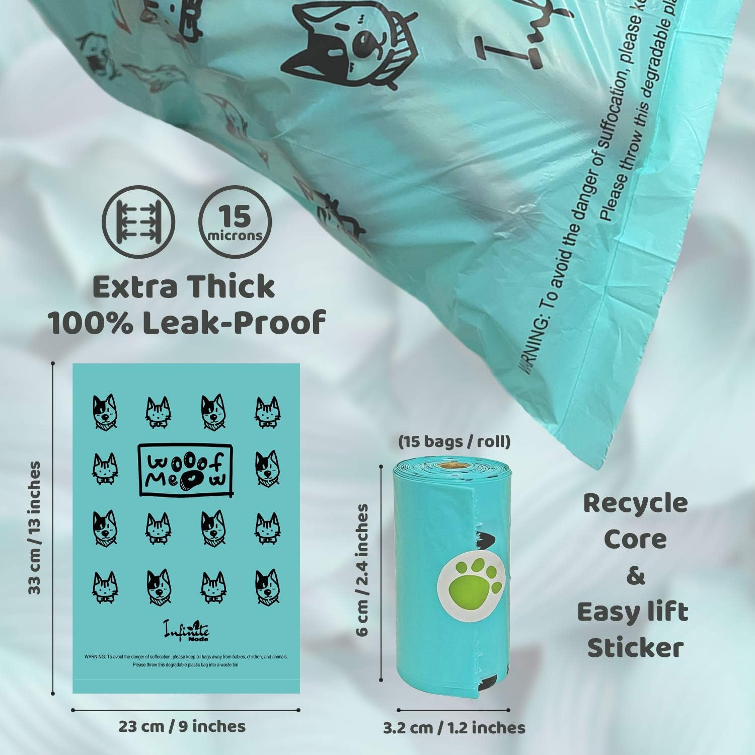 Poop Bags for Dog and Cat with Dispenser, Includes 210 Extra Thick and Leak-Proof Pet Poop Bags, 14 Refill Rolls with Recycled Core, Friendly to Earth