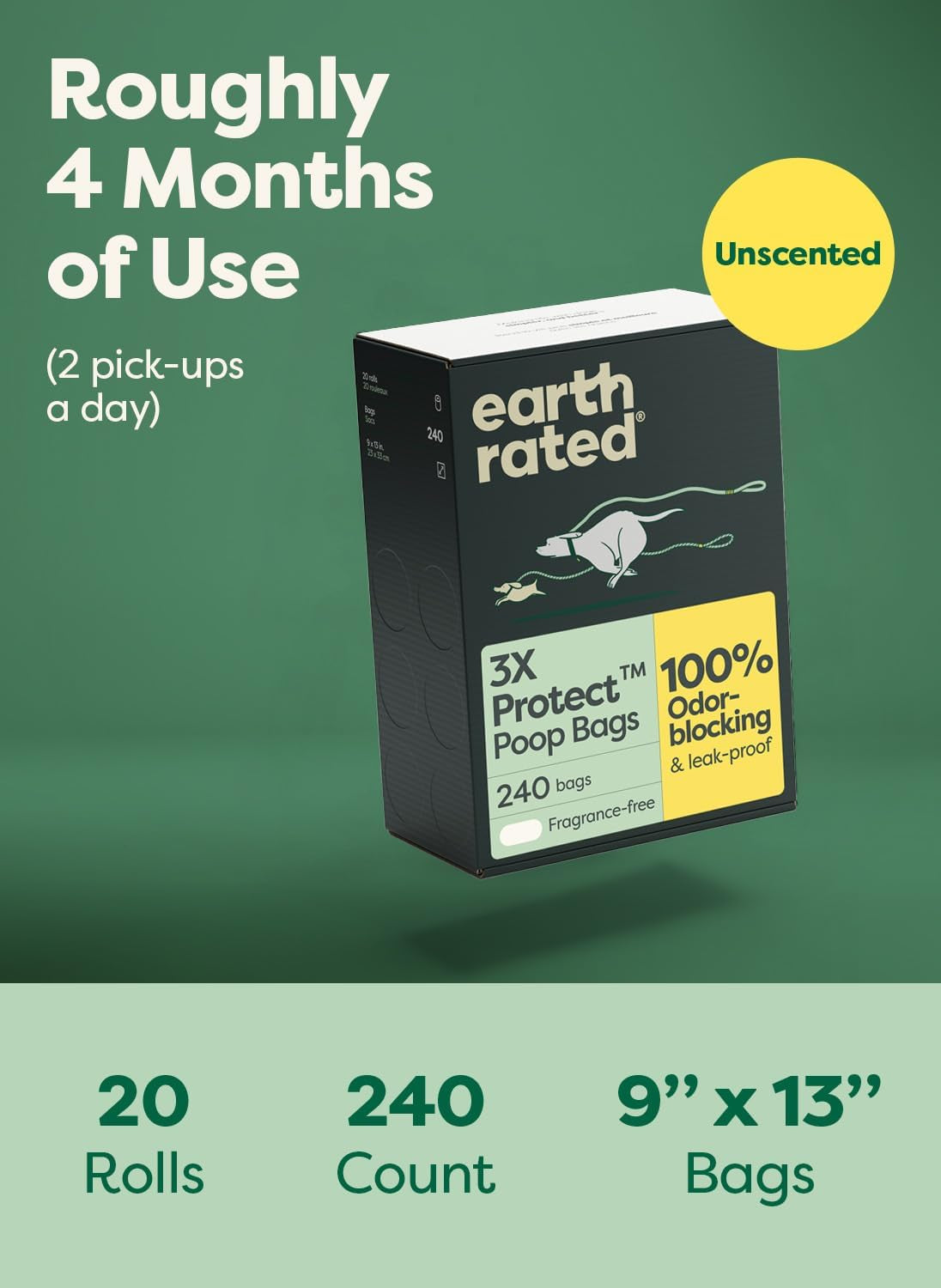 3X Protect Dog Poop Bag Rolls, Odor Blocking Leak Proof Extra Thick, Unscented, 240 Count