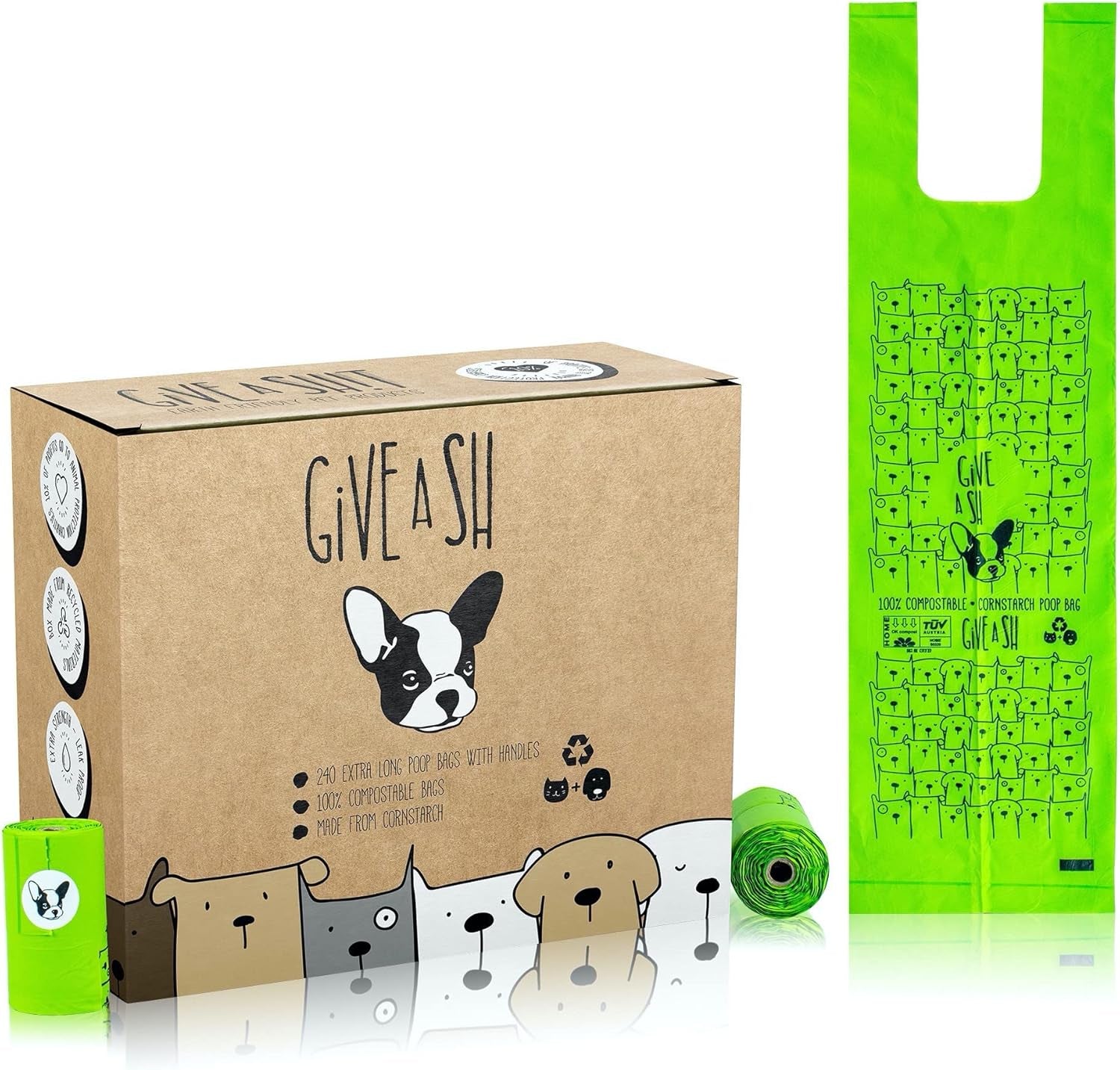 100% Certified Home Compostable Dog Poop Bags with Handles - 10% to Charity - ASTM D6400 & EN 13432 Compliant - 240 X Plant Based Compostable Poop Bags (20 Rolls)