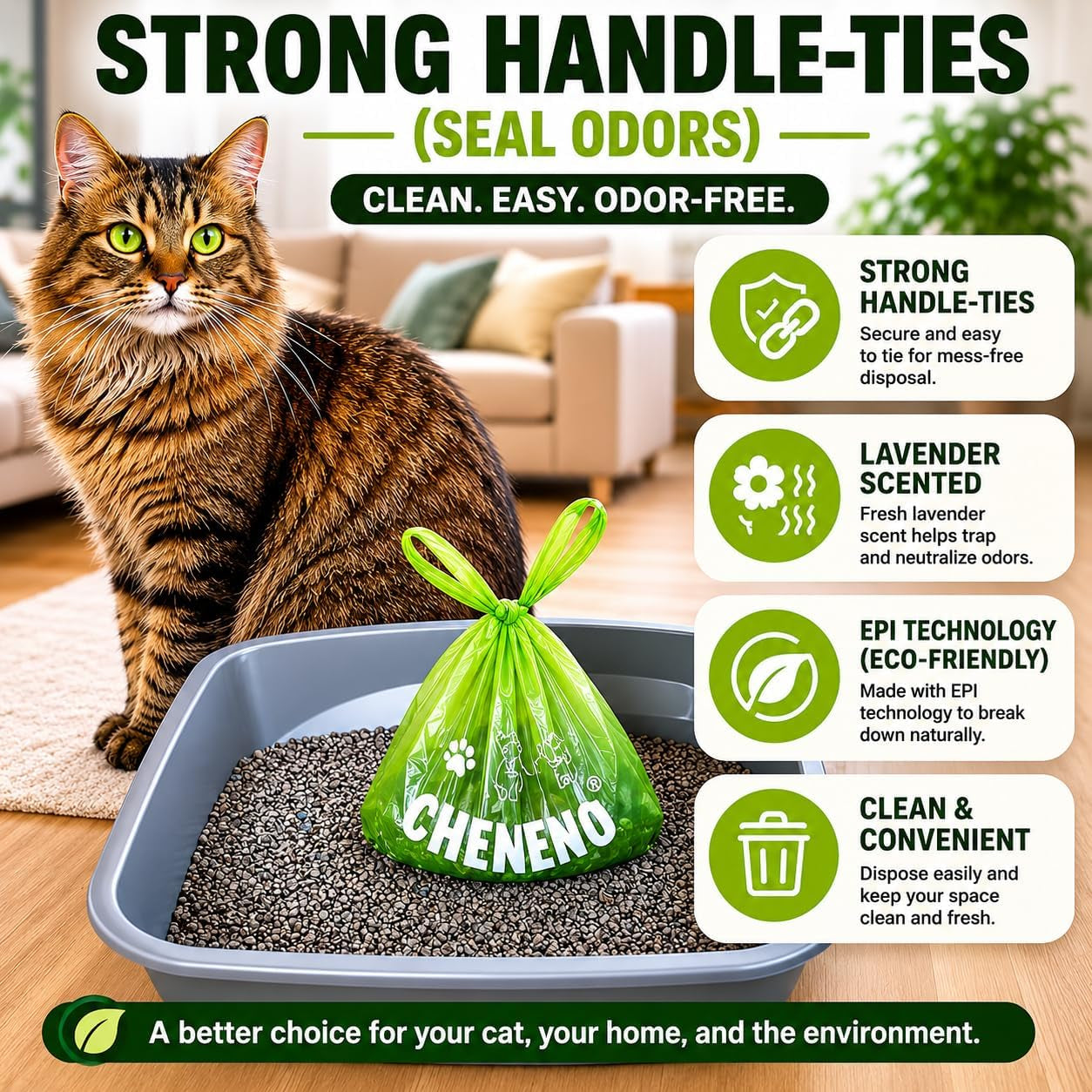 Cat Litter Waste Bags (500 Ct., Green) Bulk Dog Poop Bags with Easy Tie Handles Recycled Earth-Friendly Lavender Scented Cat Litter Poop Diaper Bag Disposable Sanitary Pad Waste Bags (500 Bags)