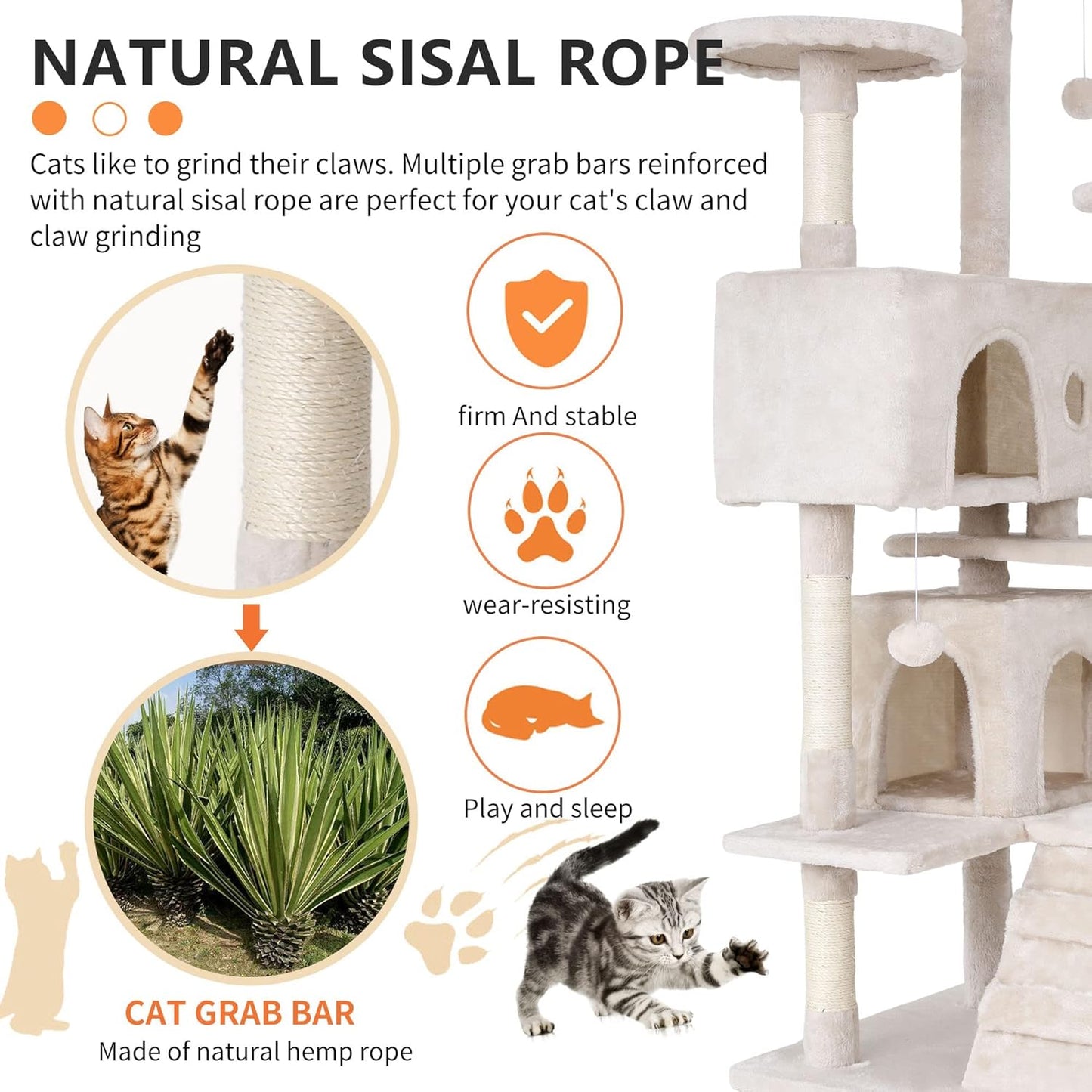 70-Inch Indoor Cat Tree - Multi-Level Tower for Kittens to Large Cats - Sturdy Scratching Post, Condo, and Plush Perch in Beige