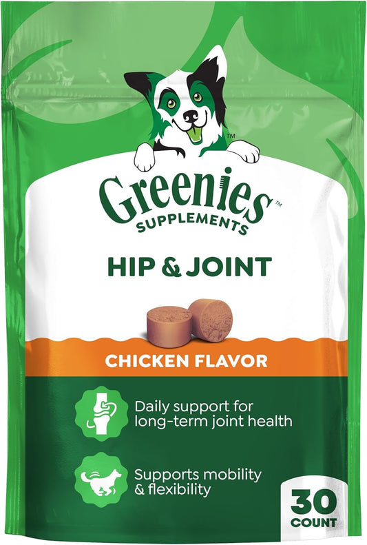 Greenies Supplements Hip and Joint Supplements for Dogs, with Chondroitin & Glucosamine for Dogs, Chicken Flavor, 6.08 Oz. Pouch, 30 Count