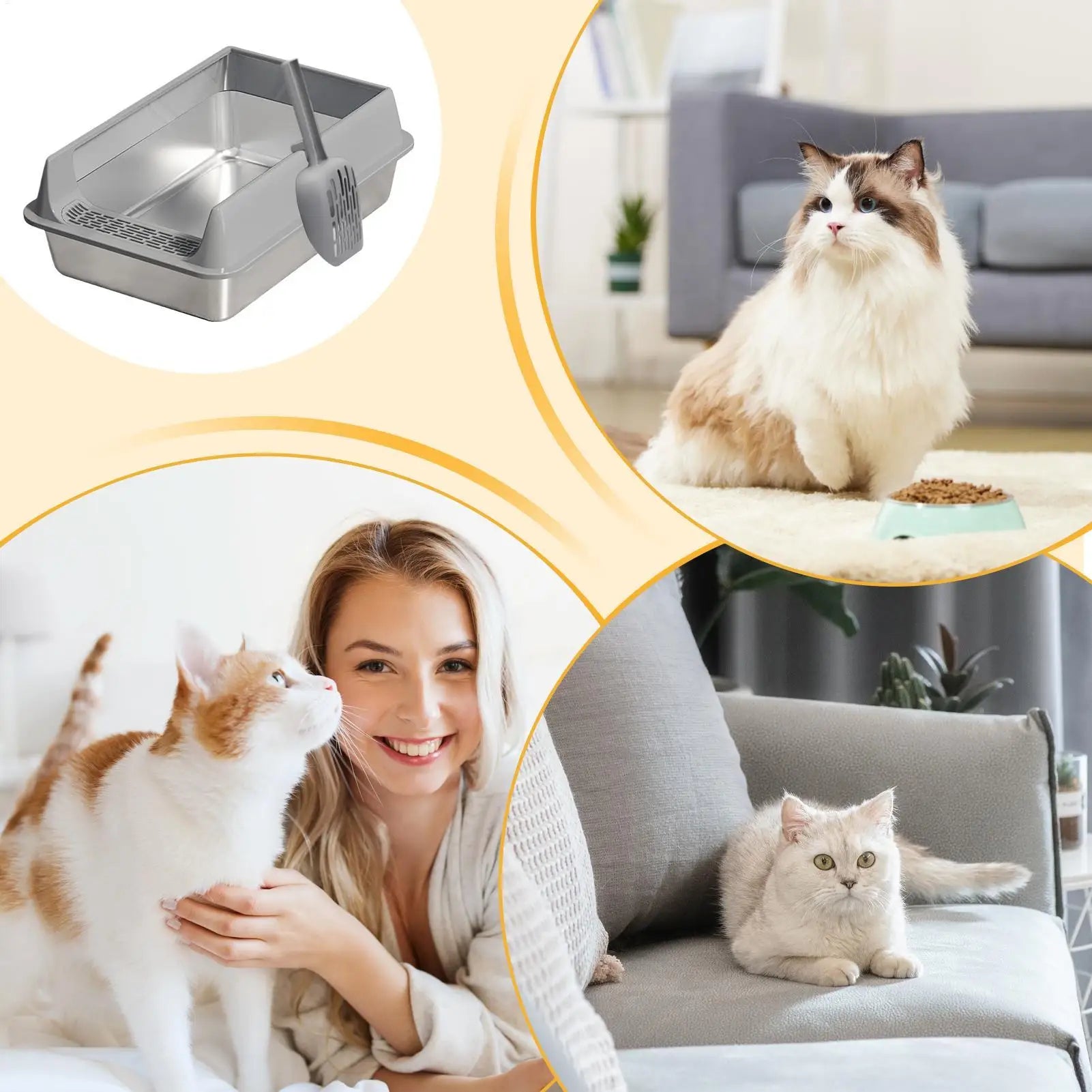 Stainless Steel Cat Toilet Large Cat Litter Box Deepen Pet Litter Box with Scoop Semi-Closed Cat Litter Box with Litter Shovel