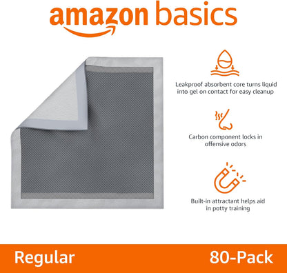 Carbon Odor Control Dog and Puppy Pee Pads, 5-Layer Leak-Proof Super Absorbent, Quick-Dry Surface for Potty Training, Regular Size 22"X22", Gray, 80 Count