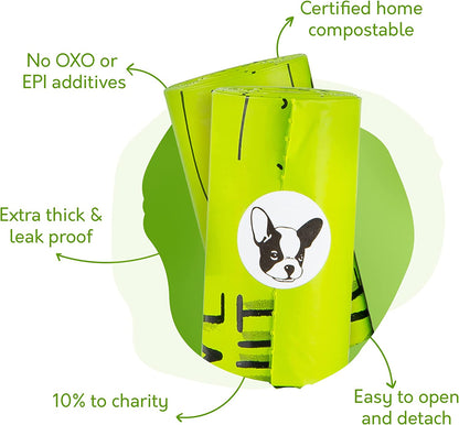 100% Certified Home Compostable Dog Poop Bags with Handles - 10% to Charity - ASTM D6400 & EN 13432 Compliant - 240 X Plant Based Compostable Poop Bags (20 Rolls)
