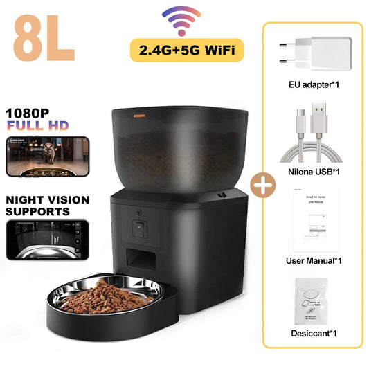8L Smart Automatic Cat Feeders with 1080P HD Camera 5G Wifi Pet Feeder Tuya APP Control Automatic Cat Dog Food Dispenser