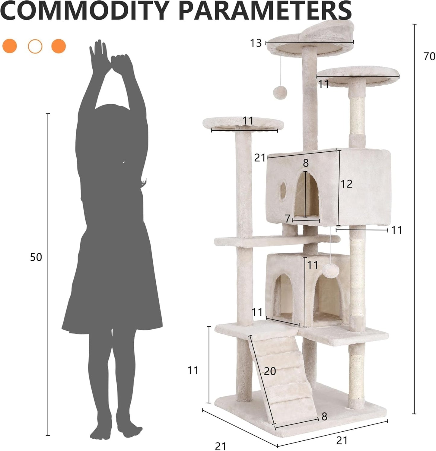 70-Inch Indoor Cat Tree - Multi-Level Tower for Kittens to Large Cats - Sturdy Scratching Post, Condo, and Plush Perch in Beige