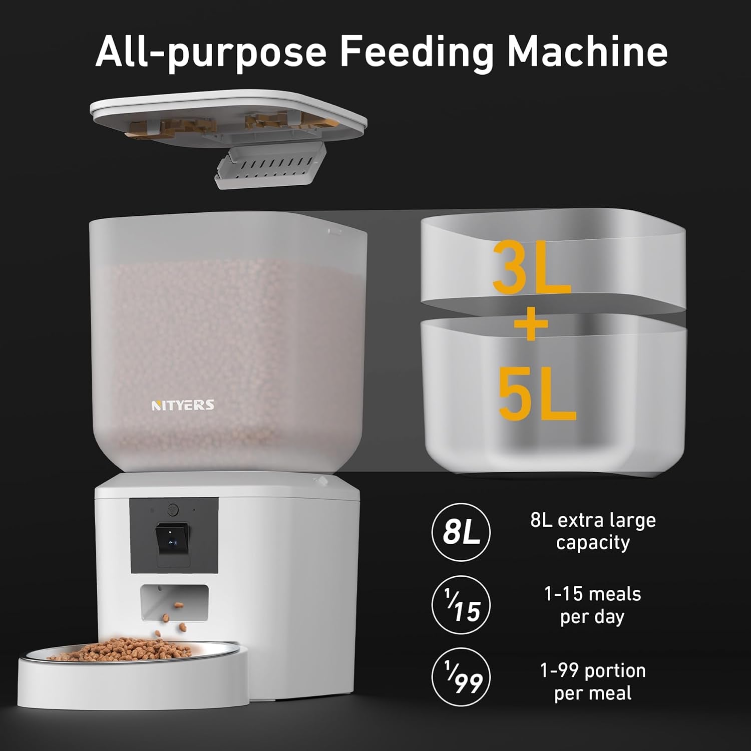 Automatic Dog & Cat Feeder with Camera & Wifi – 8L/34 Cups, 1080P Night Vision, 2.4 & 5G Wifi, 2-Way Talk, 10S Voice Recording, Timed Food Dispenser, up to 99 Portions, 15 Meals per Day