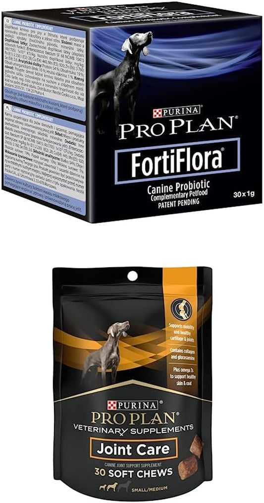 Bundle of Purina Pro Plan Veterinary Supplements Fortiflora Dog Probiotic Supplement - 30 Ct. Boxes + Purina Pro Plan Veterinary Supplements Joint Care for Small Breed Dogs Hip and Joint 30Ct