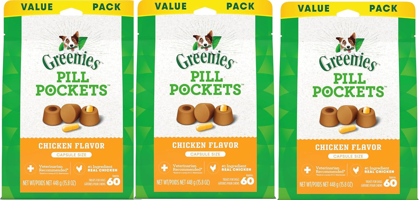 Greenies Pill Pockets Treats for Dogs Capsule Pouch, Chicken Flavor, 15.8-Ounce per Pack (3 Pack)