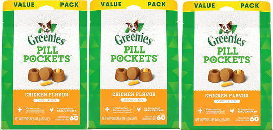 Greenies Pill Pockets Treats for Dogs Capsule Pouch, Chicken Flavor, 15.8-Ounce per Pack (3 Pack)