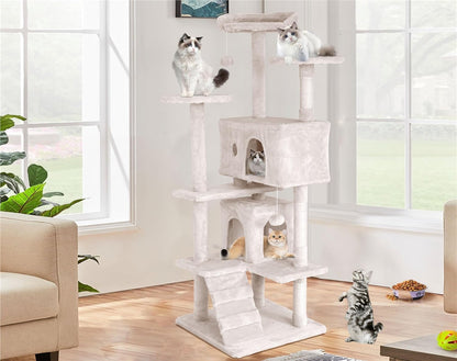 70-Inch Indoor Cat Tree - Multi-Level Tower for Kittens to Large Cats - Sturdy Scratching Post, Condo, and Plush Perch in Beige