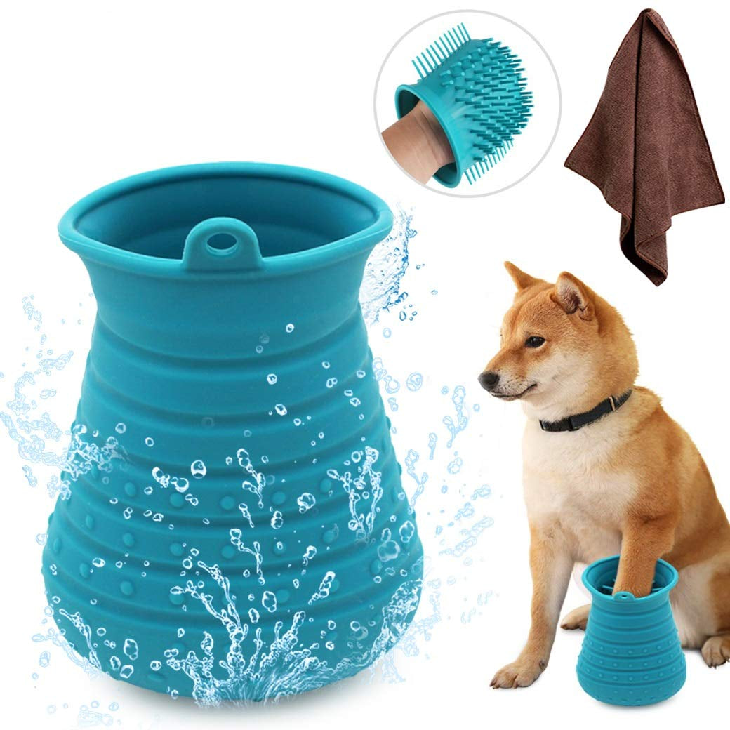 Dog Paw Cleaner Cup with Towel - Portable Pet Foot Washer and Grooming Brush for Dogs and Cats (Blue)