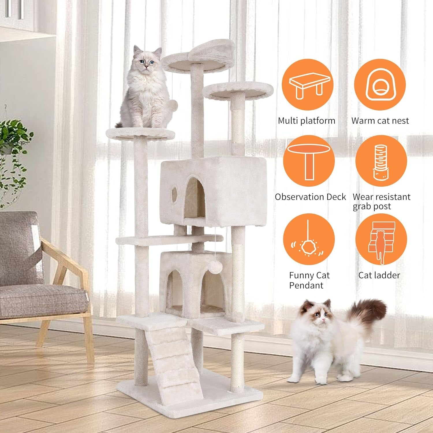 70-Inch Indoor Cat Tree - Multi-Level Tower for Kittens to Large Cats - Sturdy Scratching Post, Condo, and Plush Perch in Beige