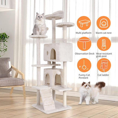 70-Inch Indoor Cat Tree - Multi-Level Tower for Kittens to Large Cats - Sturdy Scratching Post, Condo, and Plush Perch in Beige