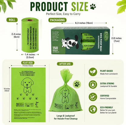 100% Certified Home Compostable Dog Poop Bags - Part of Every Purchase Will Go to Charity - ASTM D6400 & EN 13432 Compliant - 150 X Plant Based Compostable Poop Bags
