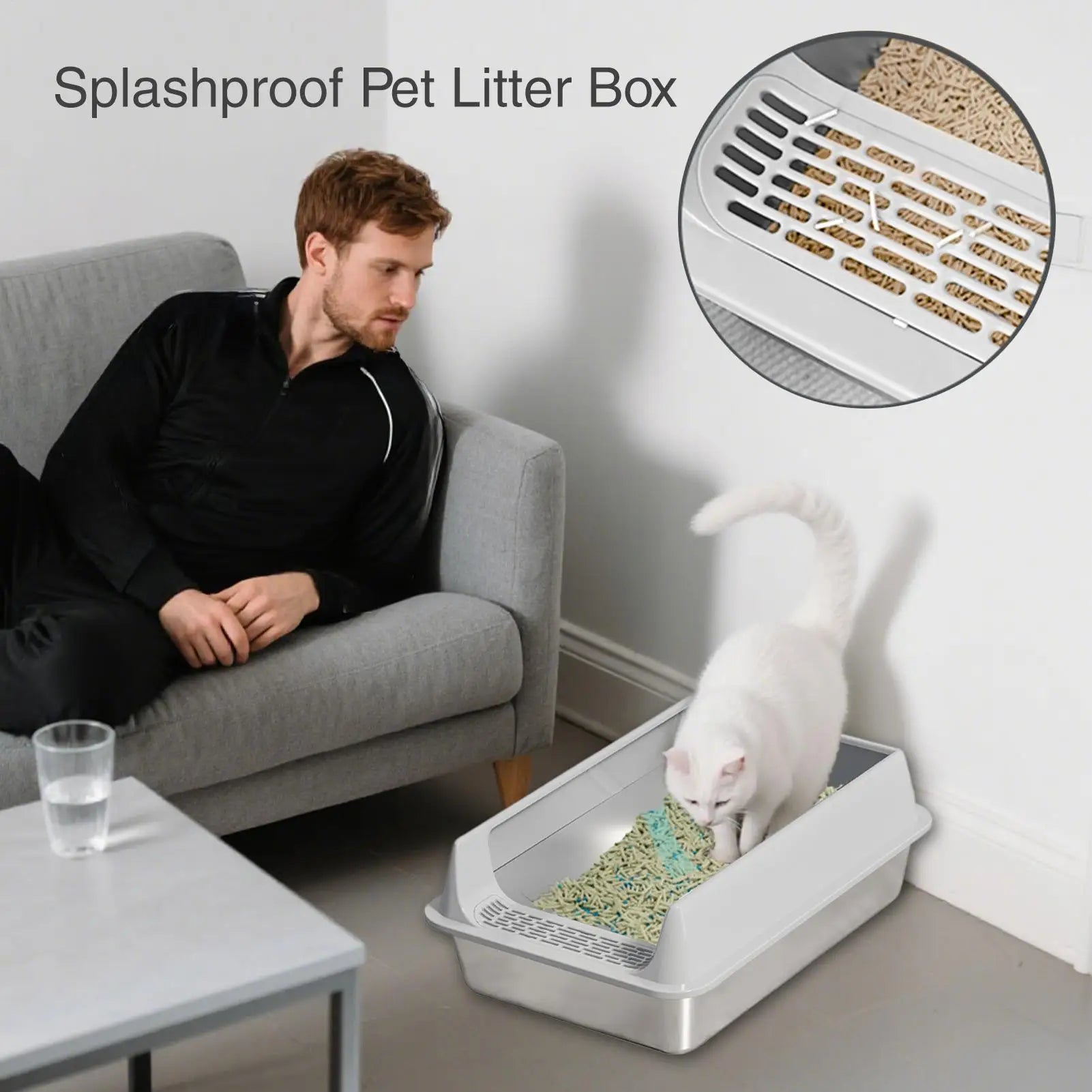 Stainless Steel Cat Toilet Large Cat Litter Box Deepen Pet Litter Box with Scoop Semi-Closed Cat Litter Box with Litter Shovel