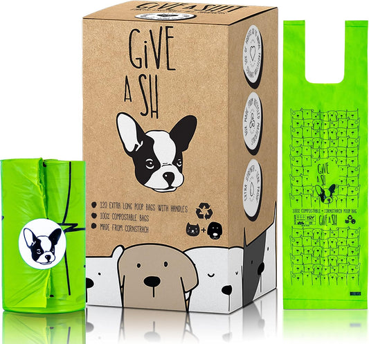 100% Certified Home Compostable Dog Poop Bags with Handles - 10% to Charity - ASTM D6400 & EN 13432 Compliant - 120 X Plant Based Compostable Poop Bags (10 Rolls)