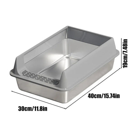 Stainless Steel Cat Toilet Large Cat Litter Box Deepen Pet Litter Box with Scoop Semi-Closed Cat Litter Box with Litter Shovel