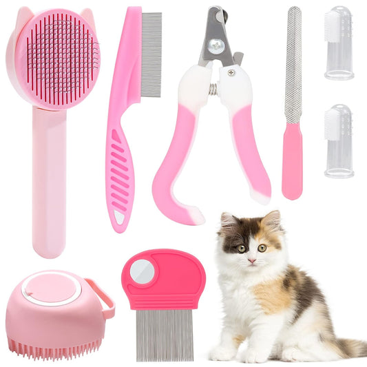 8 Pcs Cat Brush Grooming Kits, Pet Self Cleaning Kit with Pet Nail Clipper and File, Flea Comb, Pet Shampoo Bath Brush, Pet Shedding Brush, Silicone Toothbrush (Pink)