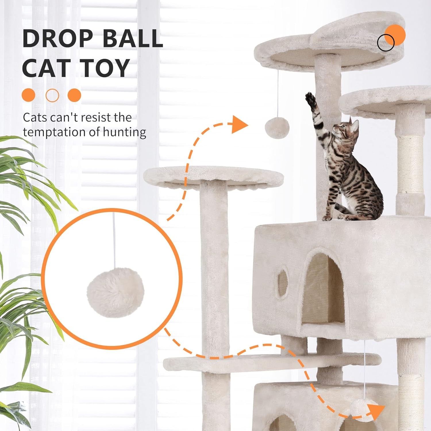 70-Inch Indoor Cat Tree - Multi-Level Tower for Kittens to Large Cats - Sturdy Scratching Post, Condo, and Plush Perch in Beige