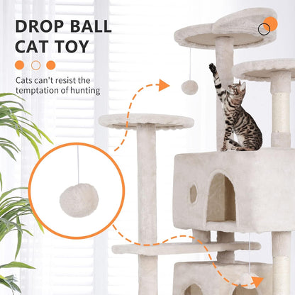 70-Inch Indoor Cat Tree - Multi-Level Tower for Kittens to Large Cats - Sturdy Scratching Post, Condo, and Plush Perch in Beige